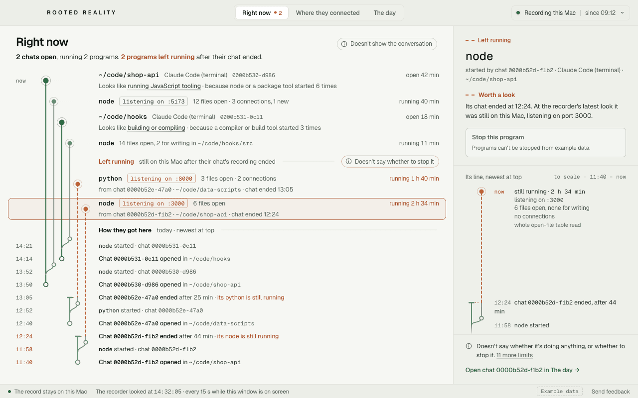 Rooted Reality's Right now view with two example chats and two example programs left running.